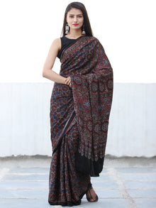 Black Maroon Blue Grey Ajrakh Hand Block Printed Modal Silk Saree  - S031703907