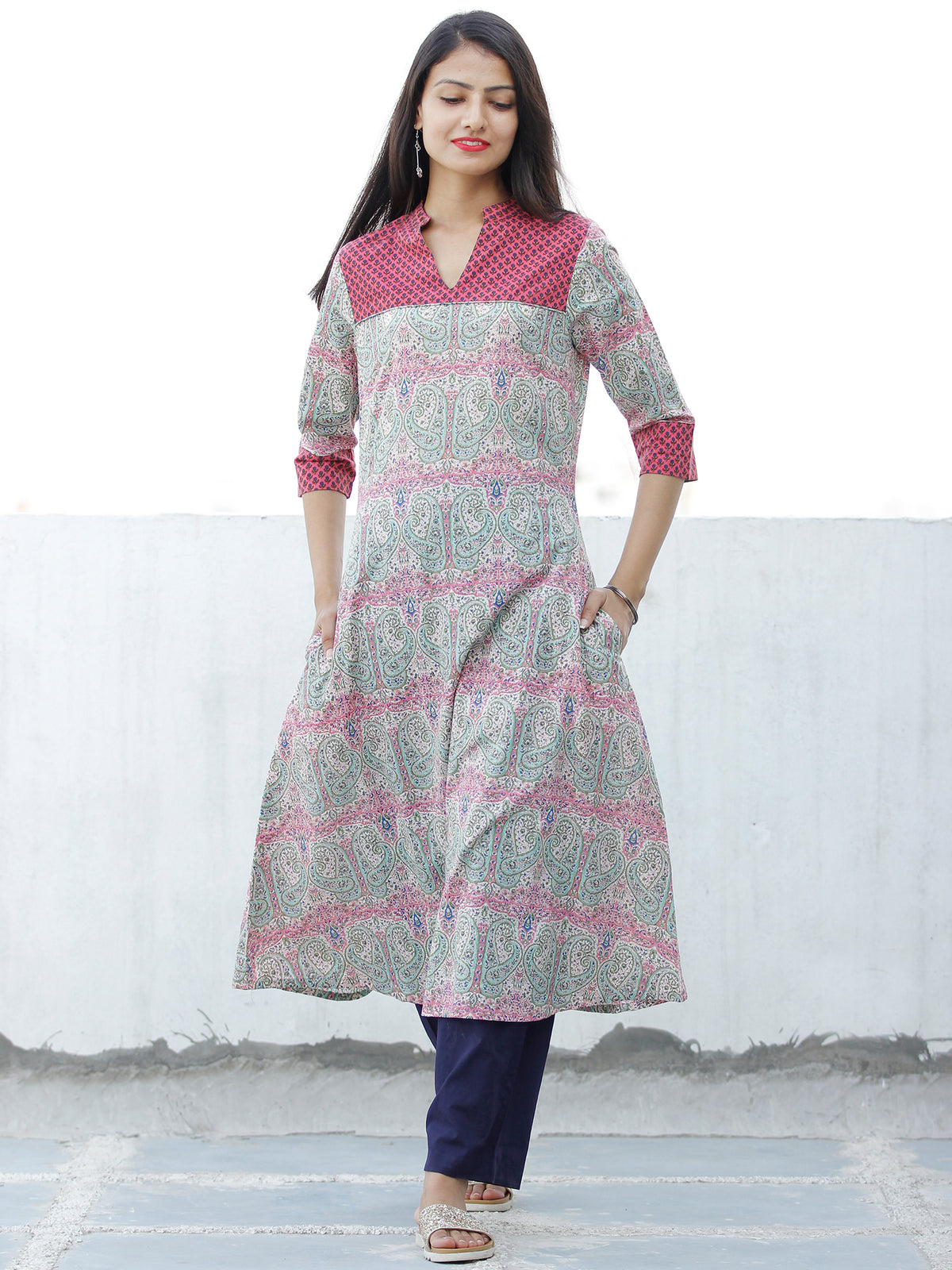 Pastel Green Pink White Hand Block Printed Cotton Kurta - K172F1879