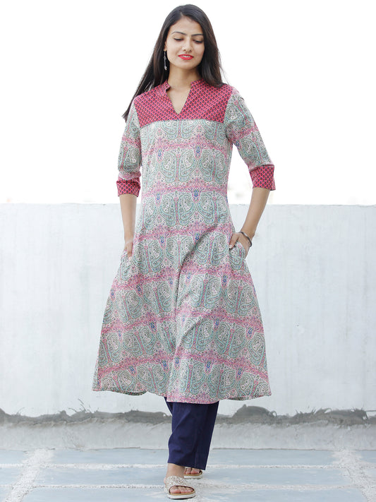 Pastel Green Pink White Hand Block Printed Cotton Kurta - K172F1879
