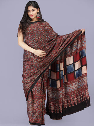 Maroon Black Indigo Ajrakh Hand Block Printed Modal Silk Saree - S031704196