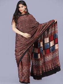 Maroon Black Indigo Ajrakh Hand Block Printed Modal Silk Saree - S031704196