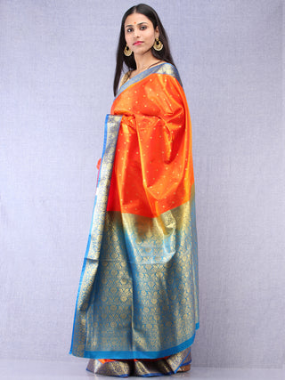 Banarasee Art Silk Self Weave Saree With Zari Work - Orange Sky Blue & Gold - S031704343
