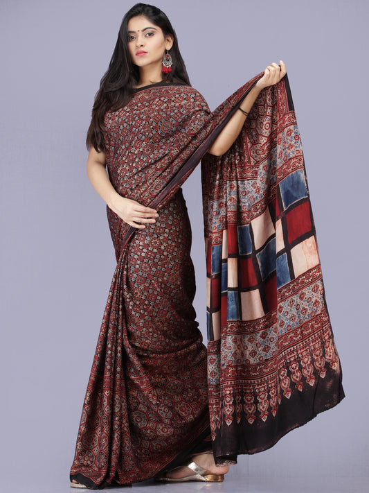 Maroon Black Indigo Ajrakh Hand Block Printed Modal Silk Saree - S031704196
