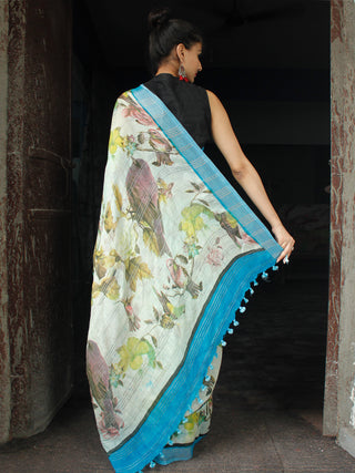 Ivory Blue Green Printed Handwoven Linen Saree With Zari Border & Tassels - S031704029