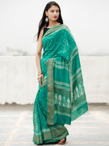 Green Ivory Hand Block Printed Handwoven Linen Saree With Zari Border - S031704061