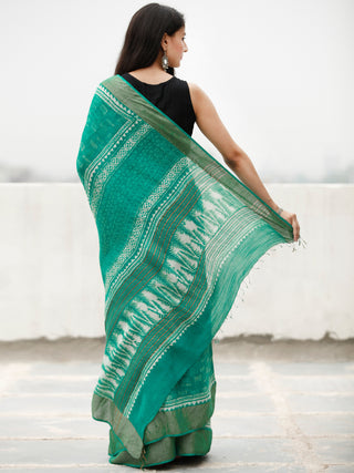 Green Ivory Hand Block Printed Handwoven Linen Saree With Zari Border - S031704061