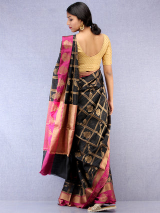 Banarasee Cotton Silk Saree With Zari Work - Black Pink & Copper Gold - S031704440