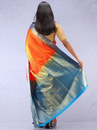 Banarasee Art Silk Self Weave Saree With Zari Work - Orange Sky Blue & Gold - S031704343