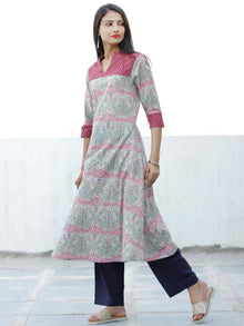 Pastel Green Pink White Hand Block Printed Cotton Kurta - K172F1879
