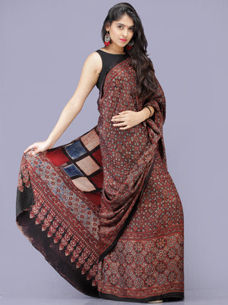 Maroon Black Indigo Ajrakh Hand Block Printed Modal Silk Saree - S031704196