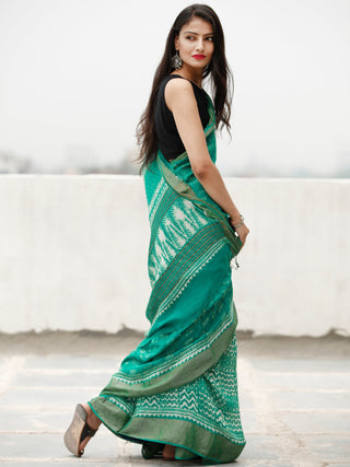 Green Ivory Hand Block Printed Handwoven Linen Saree With Zari Border - S031704061