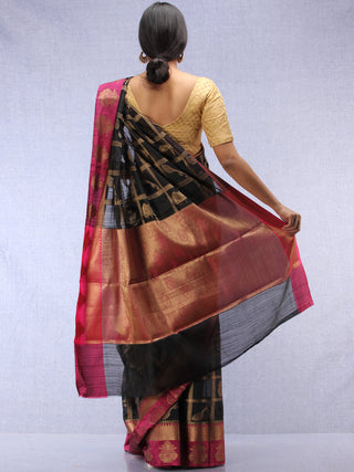 Banarasee Cotton Silk Saree With Zari Work - Black Pink & Copper Gold - S031704440