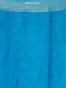 Ivory Blue Green Printed Handwoven Linen Saree With Zari Border & Tassels - S031704029
