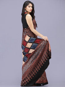 Maroon Black Indigo Ajrakh Hand Block Printed Modal Silk Saree - S031704196