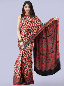 Red Indigo Black Beige Ajrakh Hand Block Printed Modal Silk Saree - S031704267