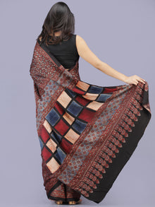 Maroon Black Indigo Ajrakh Hand Block Printed Modal Silk Saree - S031704196