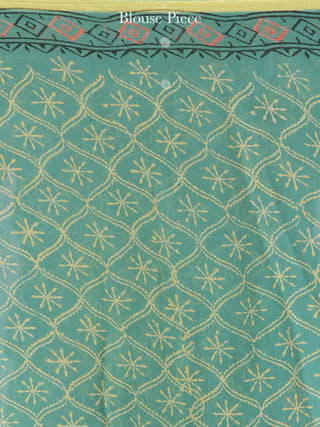 Green Red Yellow Hand Block Printed Chiffon Saree with Zari Border - S031704617