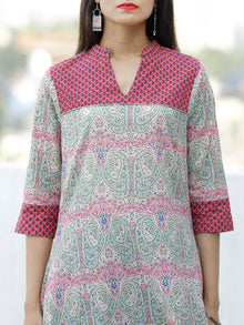Pastel Green Pink White Hand Block Printed Cotton Kurta - K172F1879