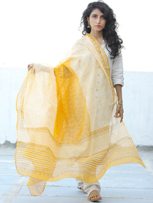 Yellow White Kota Doria Cotton Hand Block Printed Dupatta  - D04170665