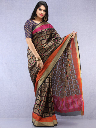 Banarasee Super Net Saree With Zari Border - Black Pink & Antique Gold - S031704441