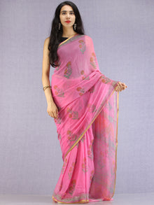 Pink Green Yellow Hand Block Printed Chiffon Saree with Zari Border - S031704618