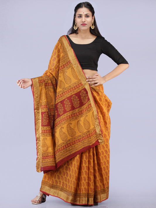 Mustard Red Printed Maheshwari Cotton Saree - S031704269