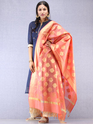 Banarasi Chanderi Dupatta With Zari Work - Coral & Gold - D04170828