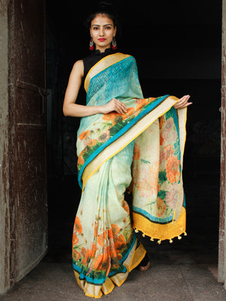 Ivory Blue Orange Printed Handwoven Linen Saree With Zari Border & Tassels - S031704030