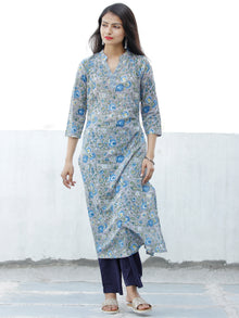 Grey Blue Green Hand Block Printed Cotton Kurta - K174F1905