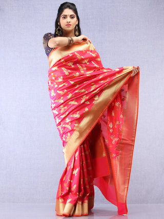 Banarasee Art Silk Saree With Bird Motif - Hot Pink & Gold - S031704344