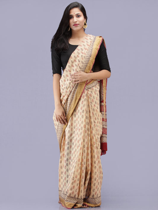 Ivory Red Black Bagh Printed Maheshwari Cotton Saree - S031704210