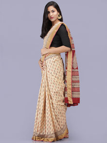 Ivory Red Black Bagh Printed Maheshwari Cotton Saree - S031704210