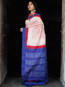 Red White Royal Blue Double Ikat Handwoven Cotton Saree - S031703546