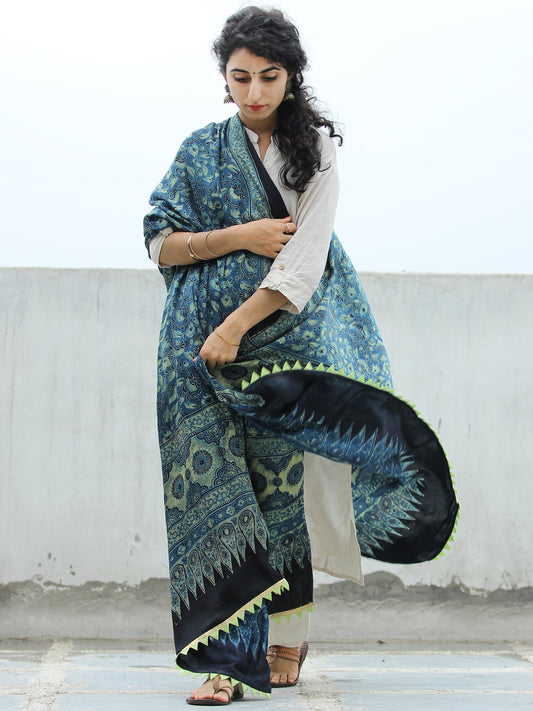 Indigo Green Black Ajrakh Hand Block Printed Modal Silk Dupatta - D04170332