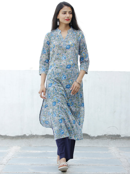 Grey Blue Green Hand Block Printed Cotton Kurta - K174F1905