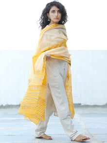 Yellow White Kota Doria Cotton Hand Block Printed Dupatta  - D04170665