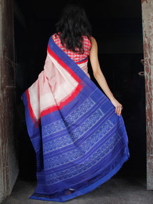 Red White Royal Blue Double Ikat Handwoven Cotton Saree - S031703546