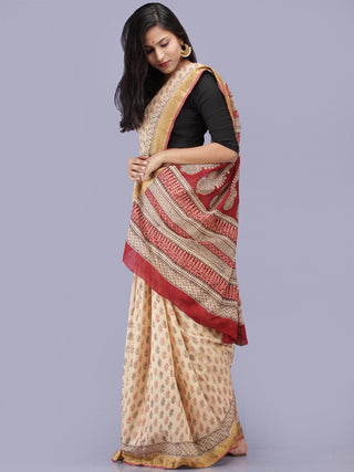 Ivory Red Black Bagh Printed Maheshwari Cotton Saree - S031704210
