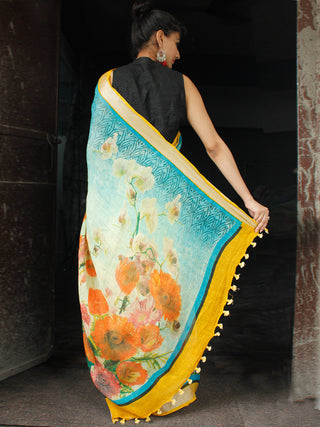 Ivory Blue Orange Printed Handwoven Linen Saree With Zari Border & Tassels - S031704030