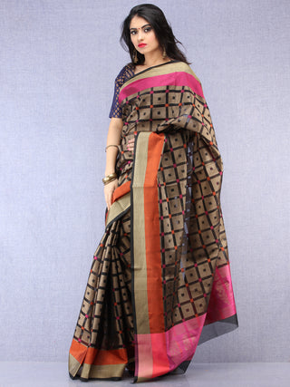 Banarasee Super Net Saree With Zari Border - Black Pink & Antique Gold - S031704441