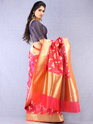 Banarasee Art Silk Saree With Bird Motif - Hot Pink & Gold - S031704344