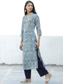 Grey Blue Green Hand Block Printed Cotton Kurta - K174F1905