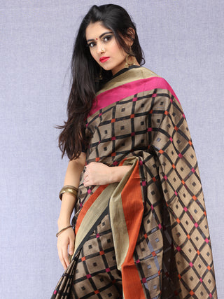 Banarasee Super Net Saree With Zari Border - Black Pink & Antique Gold - S031704441