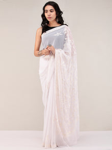 White Aari Embroidered Georgette Saree From Kashmir - S031704660