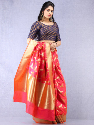 Banarasee Art Silk Saree With Bird Motif - Hot Pink & Gold - S031704344