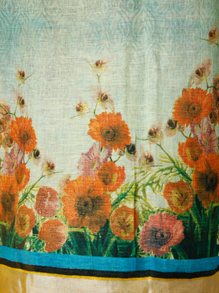 Ivory Blue Orange Printed Handwoven Linen Saree With Zari Border & Tassels - S031704030