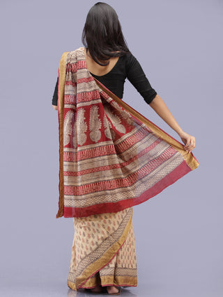 Ivory Red Black Bagh Printed Maheshwari Cotton Saree - S031704210