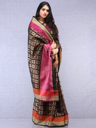 Banarasee Super Net Saree With Zari Border - Black Pink & Antique Gold - S031704441