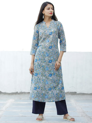 Grey Blue Green Hand Block Printed Cotton Kurta - K174F1905