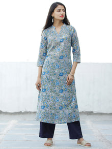Grey Blue Green Hand Block Printed Cotton Kurta - K174F1905